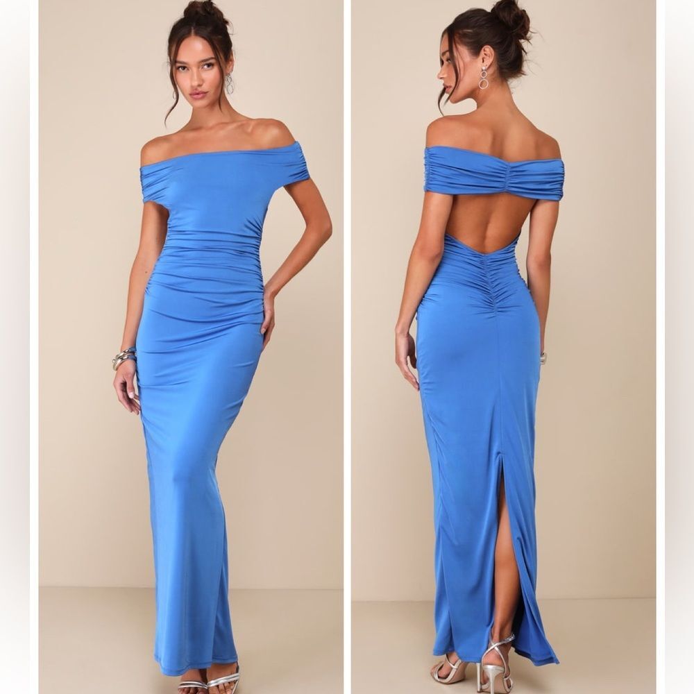 Lulus Brilliant Elegance Blue Off-the-Shoulder Backless Maxi Dress Size XS Sexy